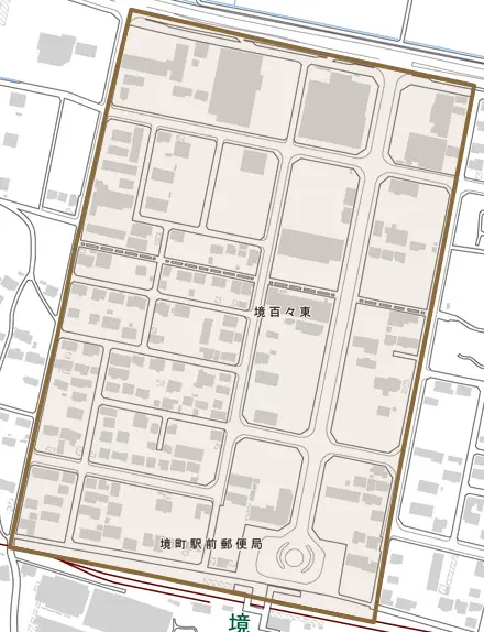 境百々東とその周辺の地図。町の範囲を重ねている