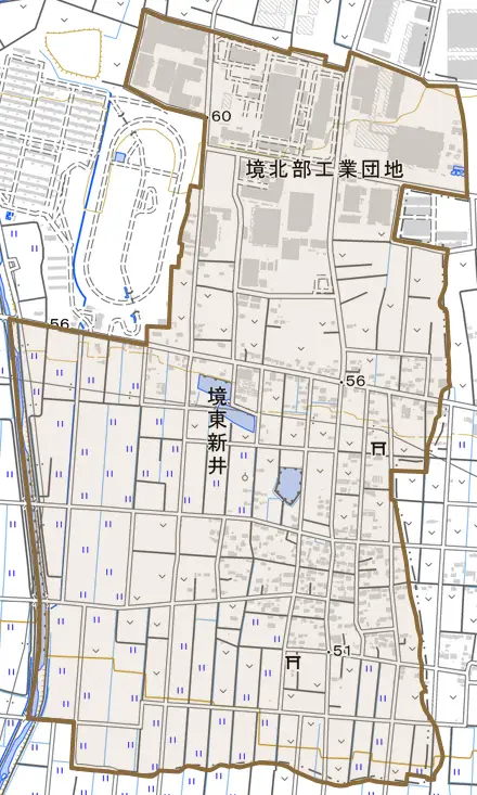境東新井とその周辺の地図。町の範囲を重ねている