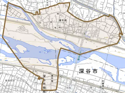 境平塚とその周辺の地図。町の範囲を重ねている