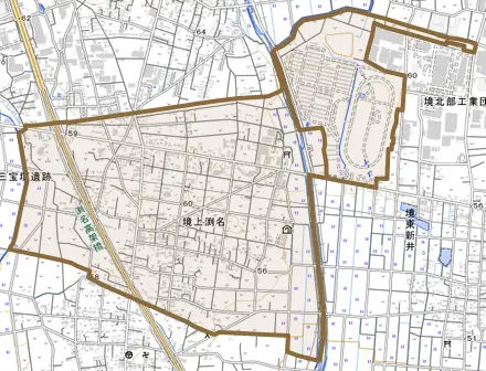 境上渕名とその周辺の地図。町の範囲を重ねている