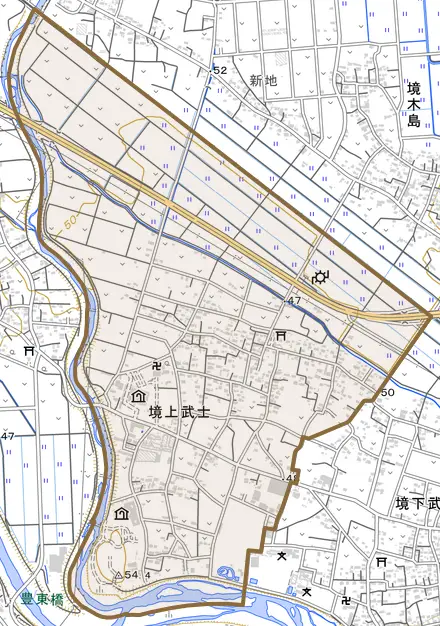 境上武士とその周辺の地図。町の範囲を重ねている