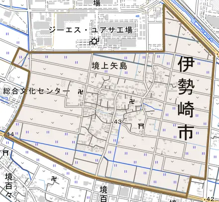 境上矢島とその周辺の地図。町の範囲を重ねている