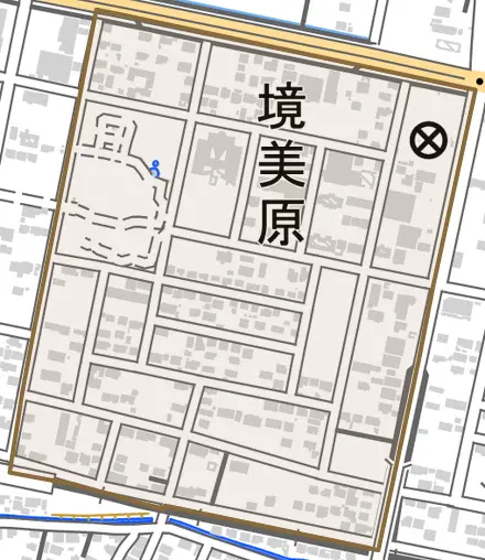 境美原とその周辺の地図。町の範囲を重ねている