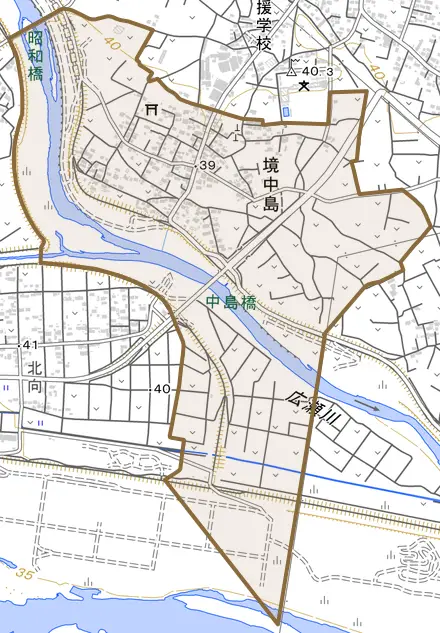境中島とその周辺の地図。町の範囲を重ねている