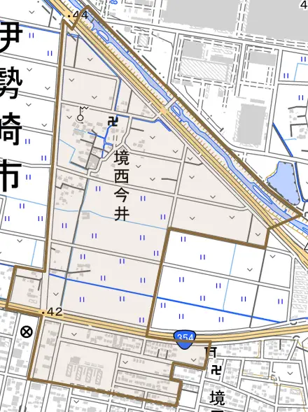 境西今井とその周辺の地図。町の範囲を重ねている