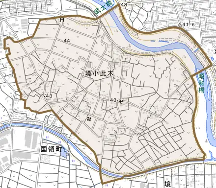 境小此木とその周辺の地図。町の範囲を重ねている