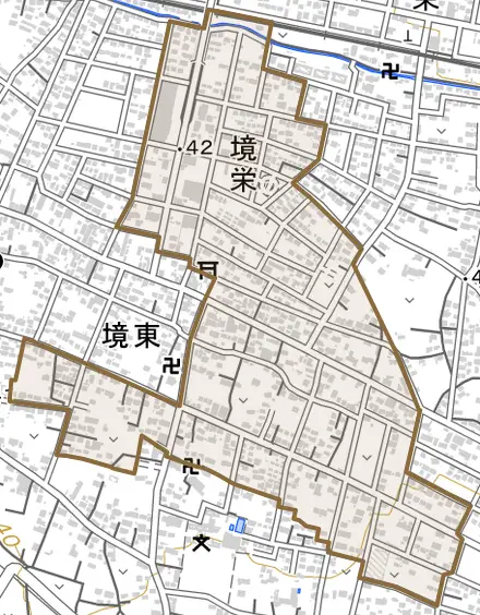 境栄とその周辺の地図。町の範囲を重ねている