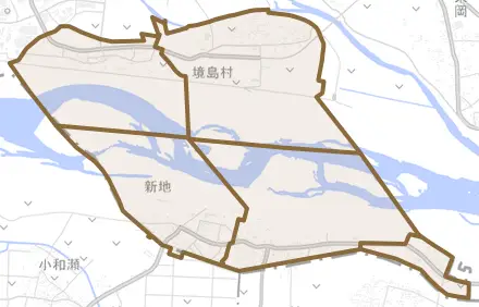 境島村とその周辺の地図。町の範囲を重ねている