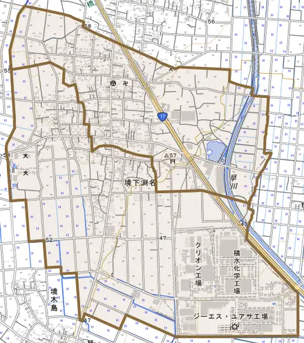 境下渕名とその周辺の地図。町の範囲を重ねている