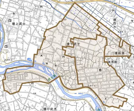境下武士とその周辺の地図。町の範囲を重ねている