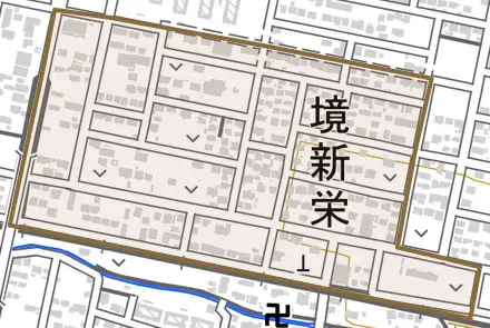 境新栄とその周辺の地図。町の範囲を重ねている