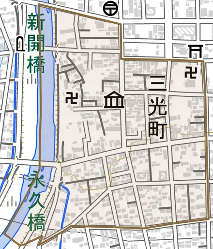 三光町とその周辺の地図。町の範囲を重ねている