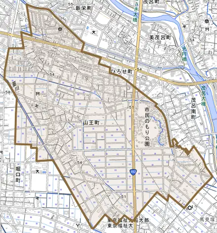 山王町とその周辺の地図。町の範囲を重ねている
