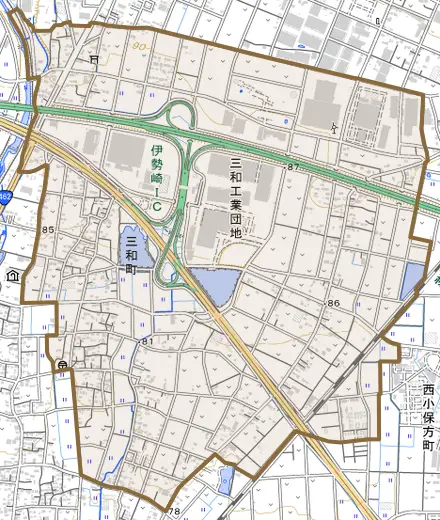 三和町とその周辺の地図。町の範囲を重ねている