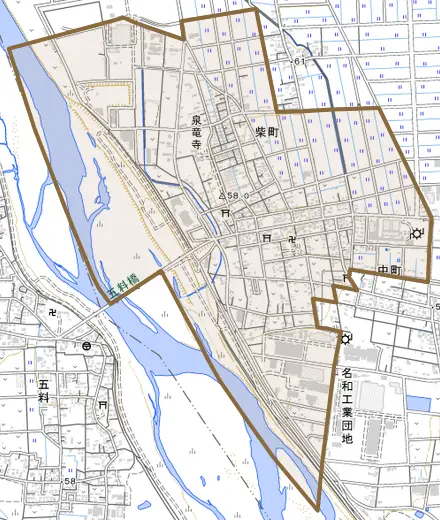 柴町とその周辺の地図。町の範囲を重ねている