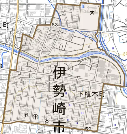 下植木町とその周辺の地図。町の範囲を重ねている