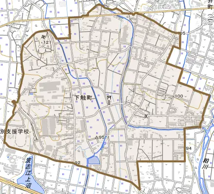 下触町とその周辺の地図。町の範囲を重ねている