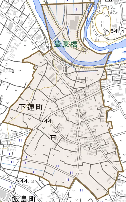 下蓮町とその周辺の地図。町の範囲を重ねている