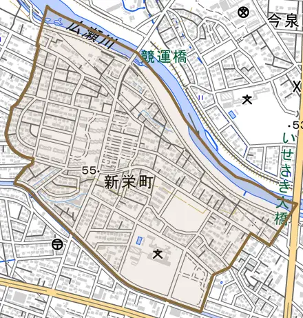 新栄町とその周辺の地図。町の範囲を重ねている