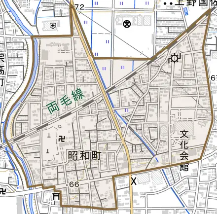 昭和町とその周辺の地図。町の範囲を重ねている