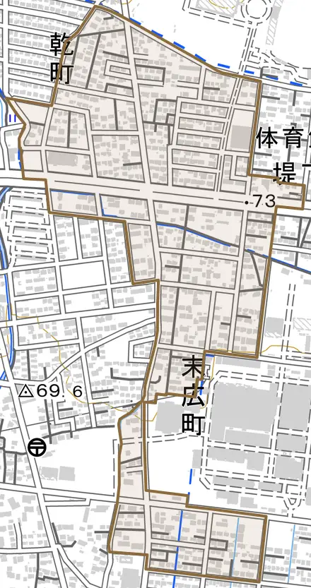 末広町とその周辺の地図。町の範囲を重ねている