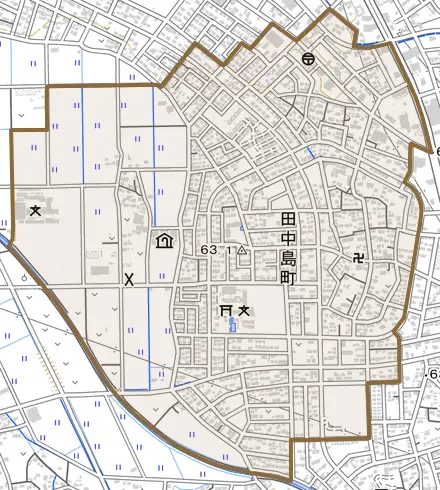 田中島町とその周辺の地図。町の範囲を重ねている