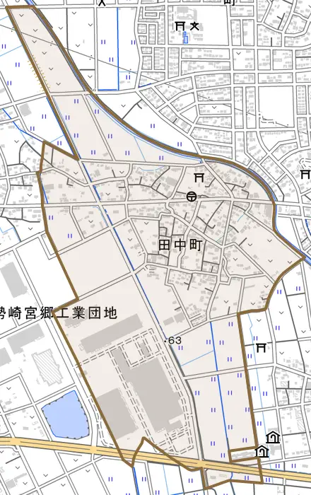 田中町とその周辺の地図。町の範囲を重ねている