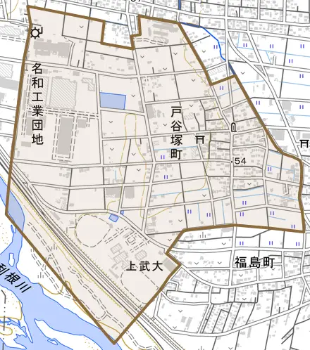 戸谷塚町とその周辺の地図。町の範囲を重ねている