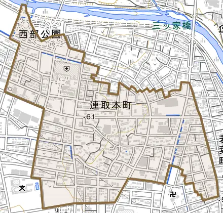 連取本町とその周辺の地図。町の範囲を重ねている