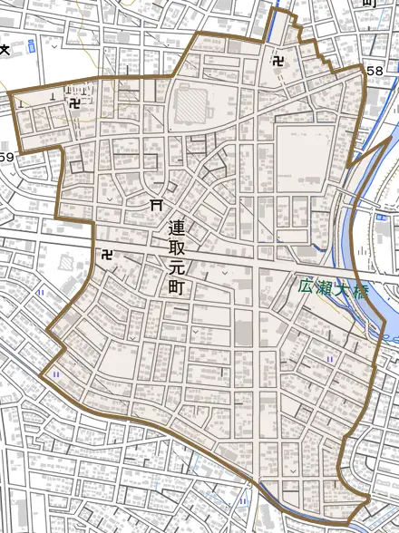 連取元町とその周辺の地図。町の範囲を重ねている