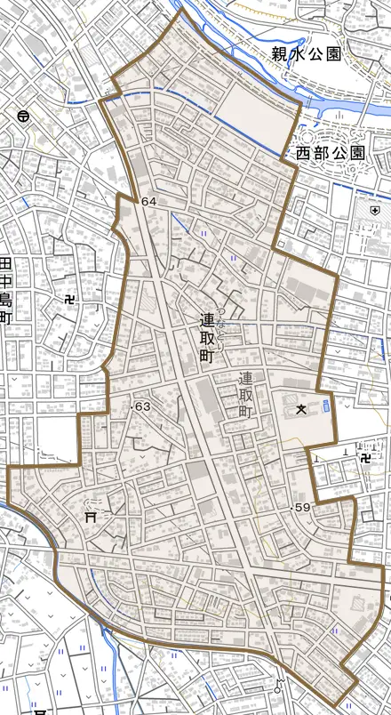 連取町とその周辺の地図。町の範囲を重ねている