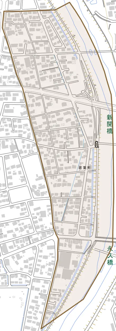 若葉町とその周辺の地図。町の範囲を重ねている