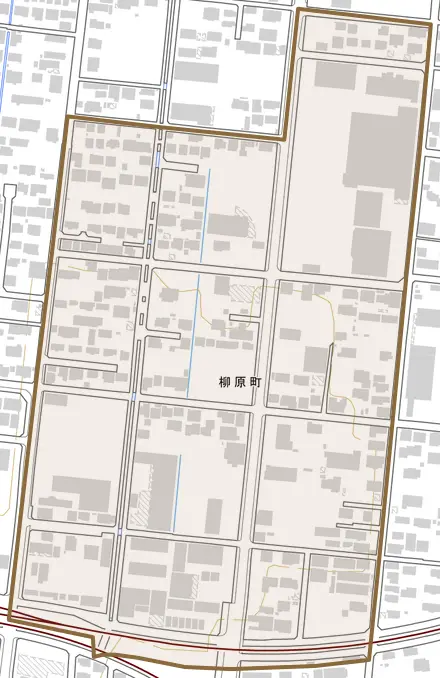 柳原町とその周辺の地図。町の範囲を重ねている