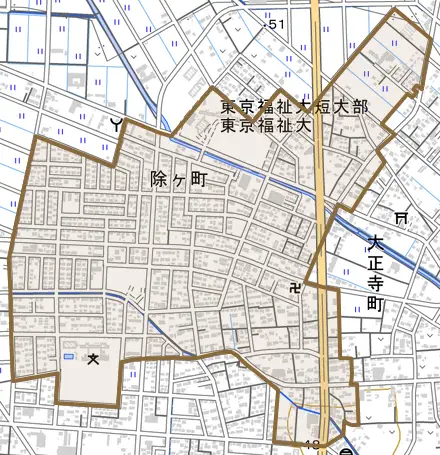 除ケ町とその周辺の地図。町の範囲を重ねている