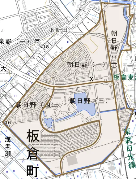 朝日野とその周辺の地図。町の範囲を重ねている
