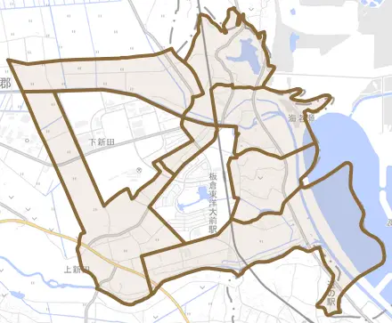 大字海老瀬とその周辺の地図。町の範囲を重ねている