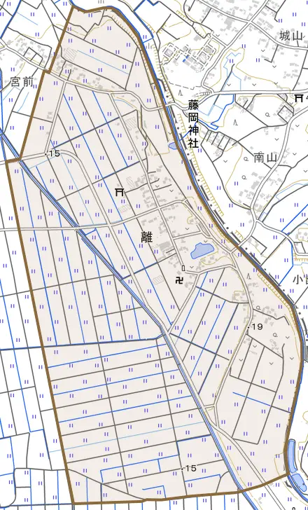 大字離とその周辺の地図。町の範囲を重ねている