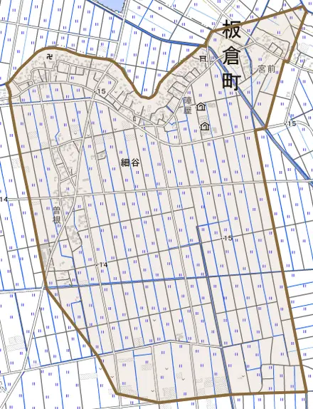 大字細谷とその周辺の地図。町の範囲を重ねている