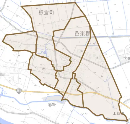 大字板倉とその周辺の地図。町の範囲を重ねている
