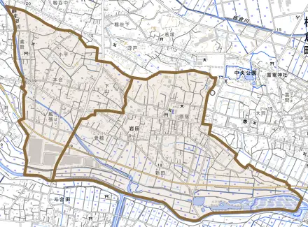 大字岩田とその周辺の地図。町の範囲を重ねている