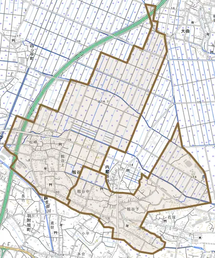 大字籾谷とその周辺の地図。町の範囲を重ねている
