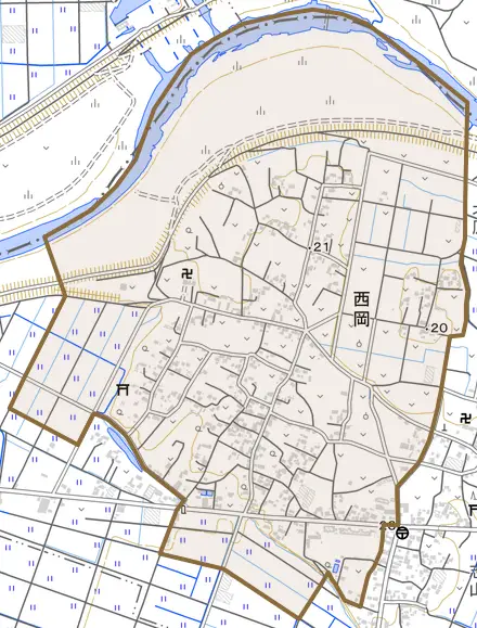 大字西岡とその周辺の地図。町の範囲を重ねている