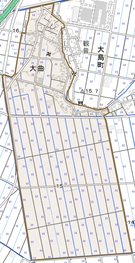 大字大曲とその周辺の地図。町の範囲を重ねている