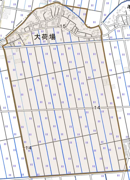 大字大荷場とその周辺の地図。町の範囲を重ねている