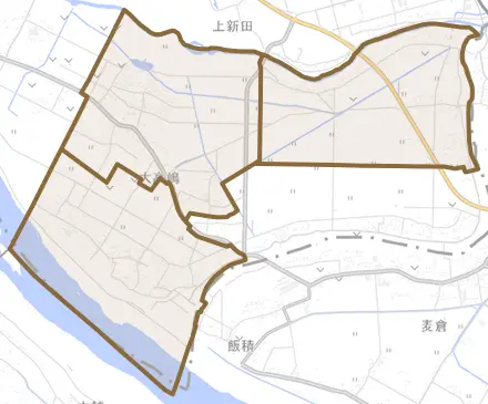 大字大高嶋とその周辺の地図。町の範囲を重ねている