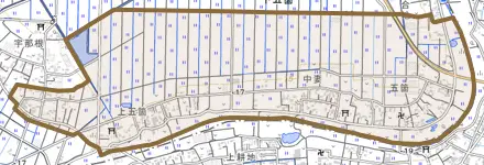 大字下五箇とその周辺の地図。町の範囲を重ねている