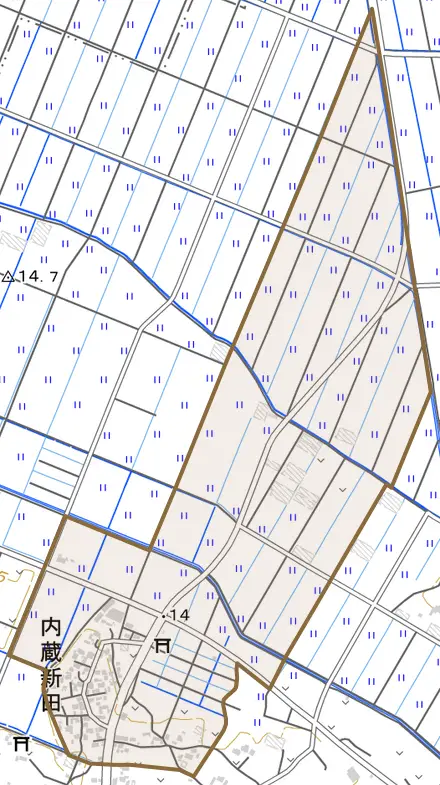 大字内蔵新田とその周辺の地図。町の範囲を重ねている