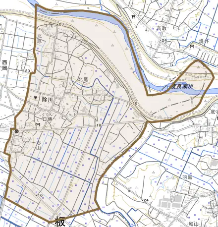 大字除川とその周辺の地図。町の範囲を重ねている