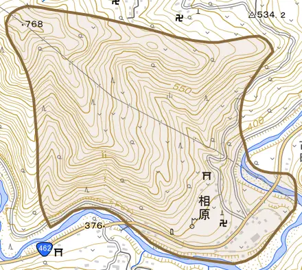 大字相原とその周辺の地図。町の範囲を重ねている