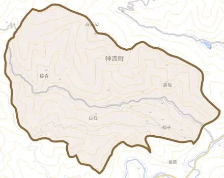 大字船子とその周辺の地図。町の範囲を重ねている